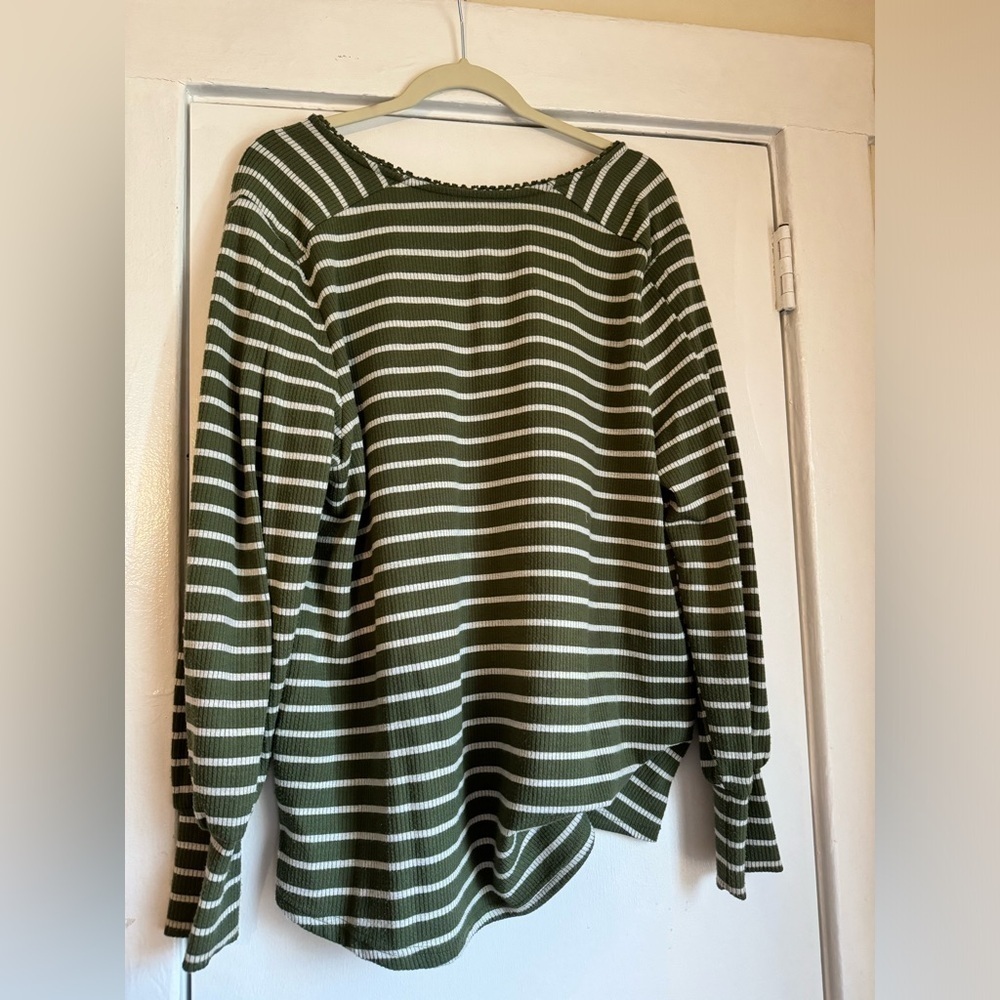 Zac & Rachel Ribbed Blouse Sweater 2X Plus Size Long Sleeve Green Striped - Picture 5 of 7